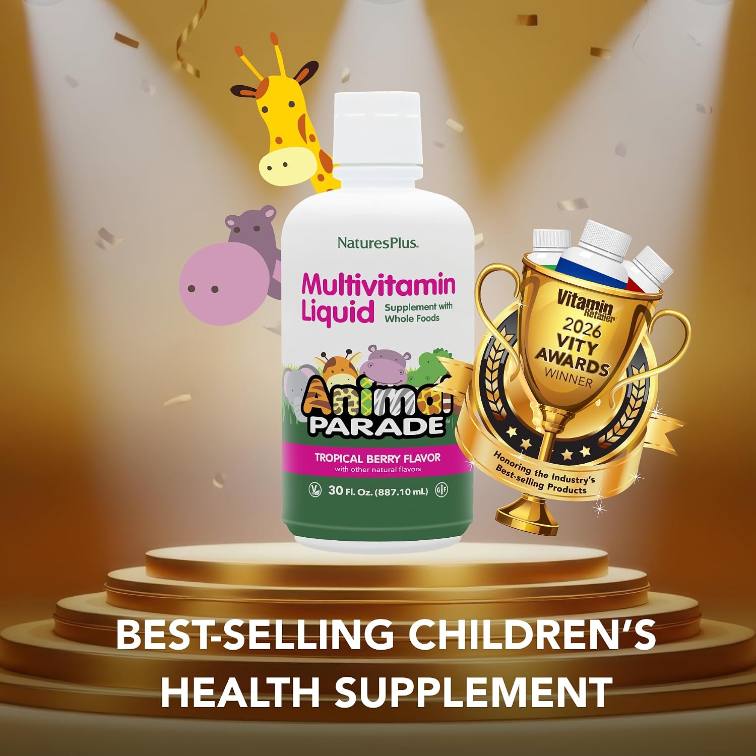 NaturesPlus Animal Parade Source of Life Children's Liquid Multivitamin, Tropical Berry, 887 mL