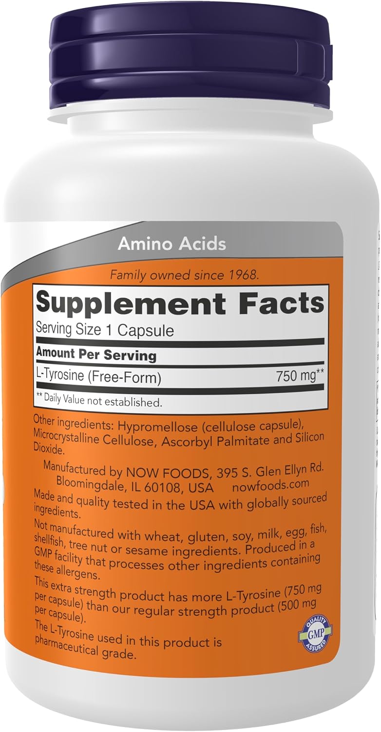 NOW Supplements, L-Tyrosine 750 mg, 90 Veg Capsules