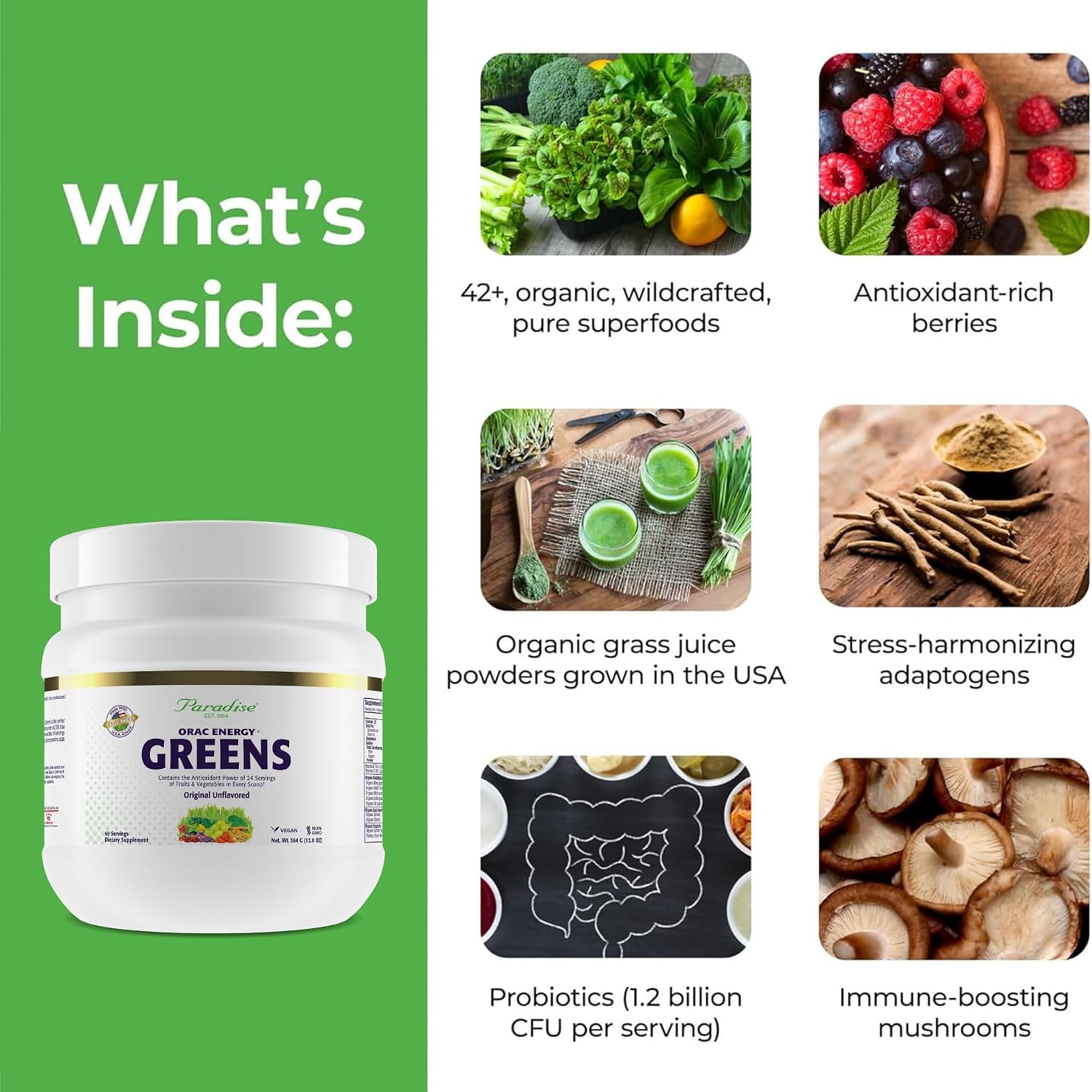 Paradise ORAC Energy Greens Powder Extract – Super Antioxidants, Probiotics and Spirulina, 60 Servings