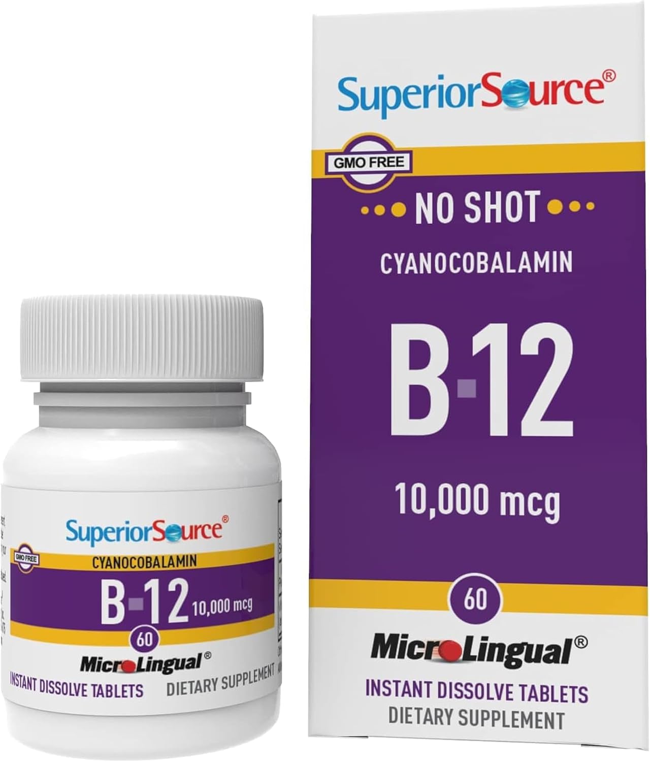 Superior Source No Shot Vitamin B-12 Cyanocobalamin 10000 mcg Sublingual Tablets, 60 Count