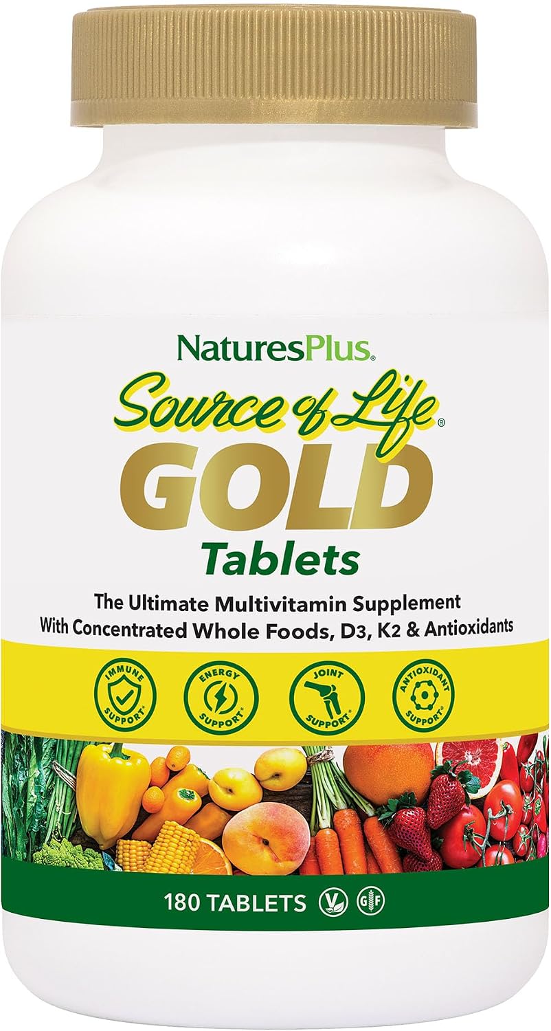 NaturesPlus Source of Life GOLD Multivitamin – 180 Tablets – With Vitamins D3, B12 & K2 – Blood, Bone & Immune Support – Vegetarian & Gluten Free – 60 Servings