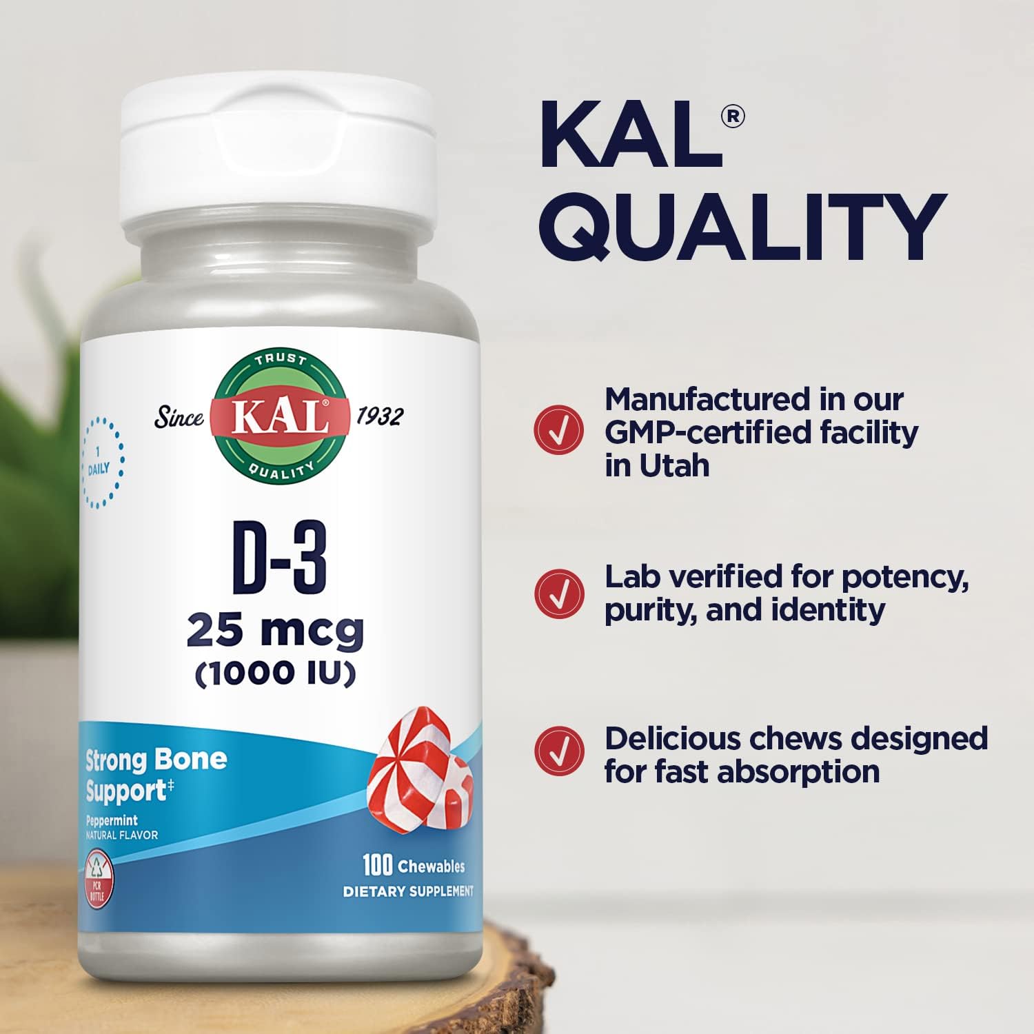 KAL Vitamin D3 1000 IU Chewable Tablets - Natural Peppermint Flavour, 100 Count