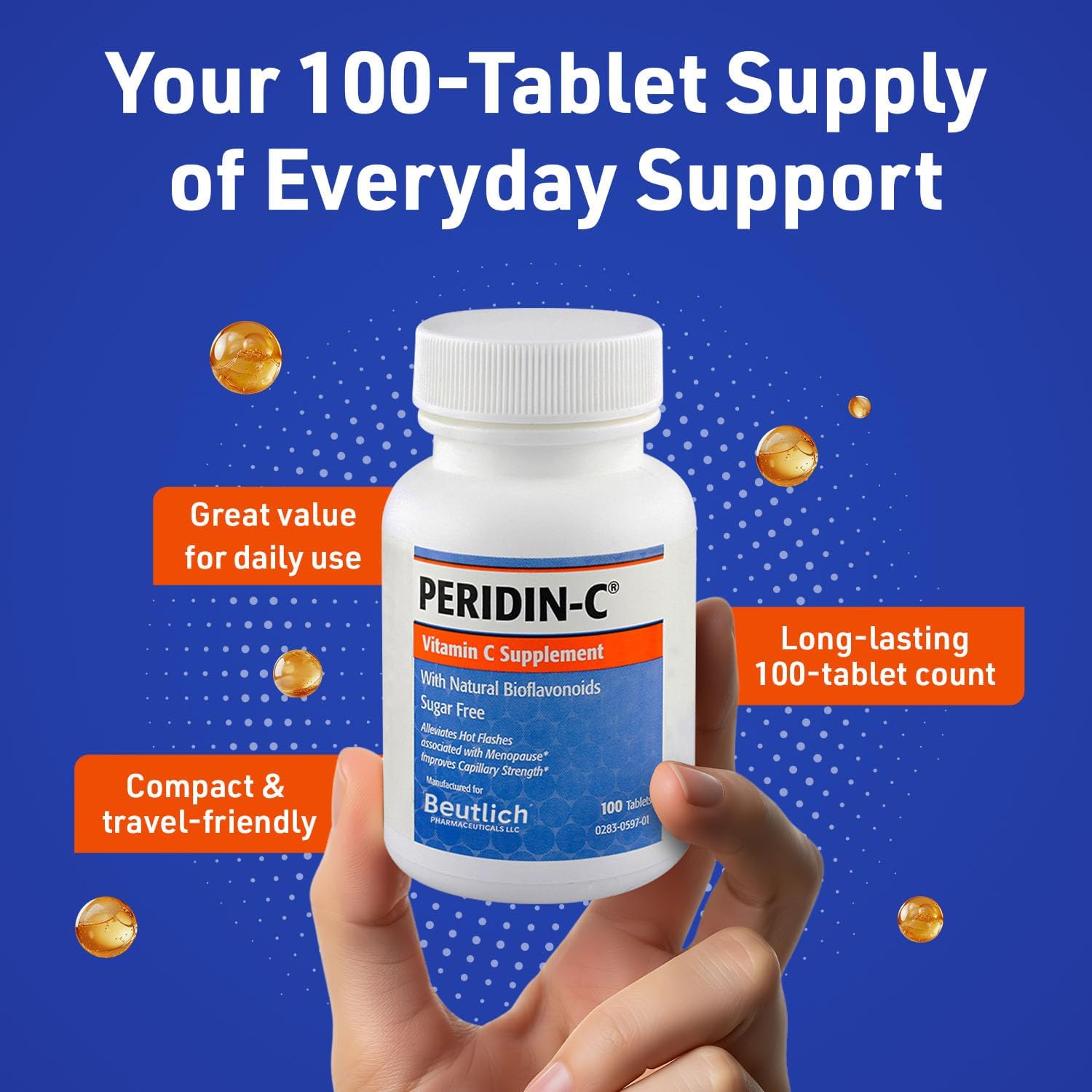 Peridin-C Vitamin C with Citrus Bioflavonoids – Daily Antioxidant Support – Gentle, Sugar-Free, and Gluten-Free – Easy-to-Swallow Tablets – 100 Count