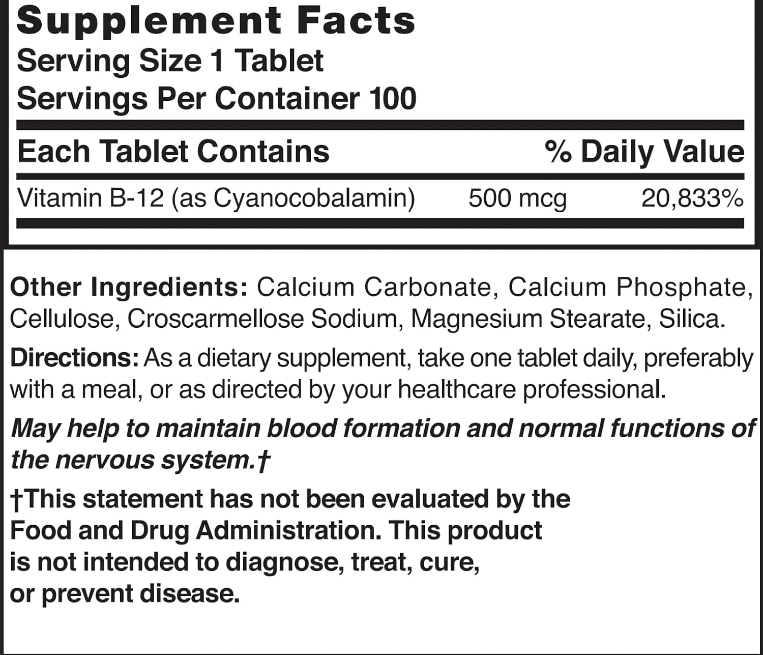 Nature's Blend Vitamin B12 500 mcg – 100 Tablets