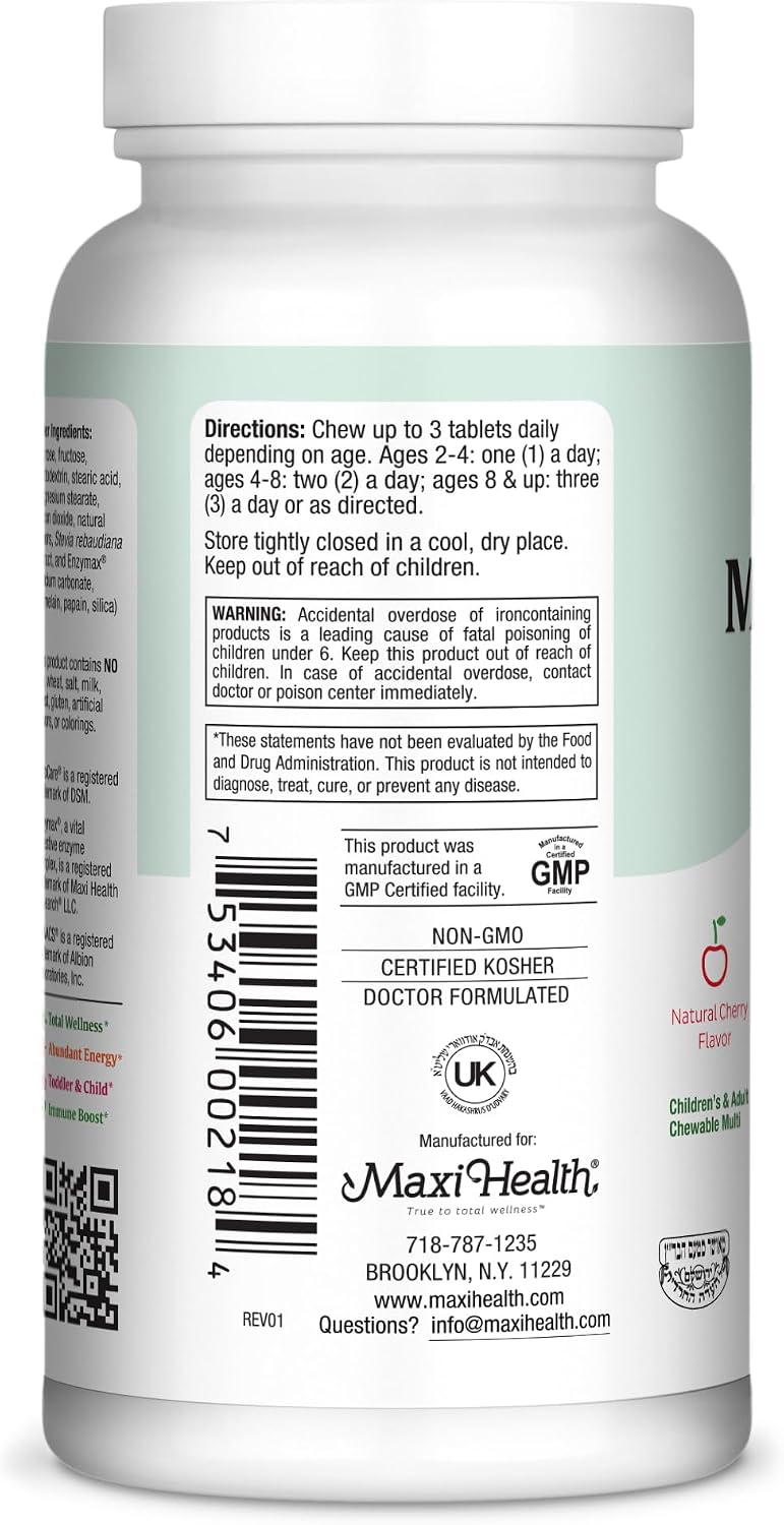 Maxi Health Chewable Multivitamin with Iron – Cherry Flavoured, 180 Tablets