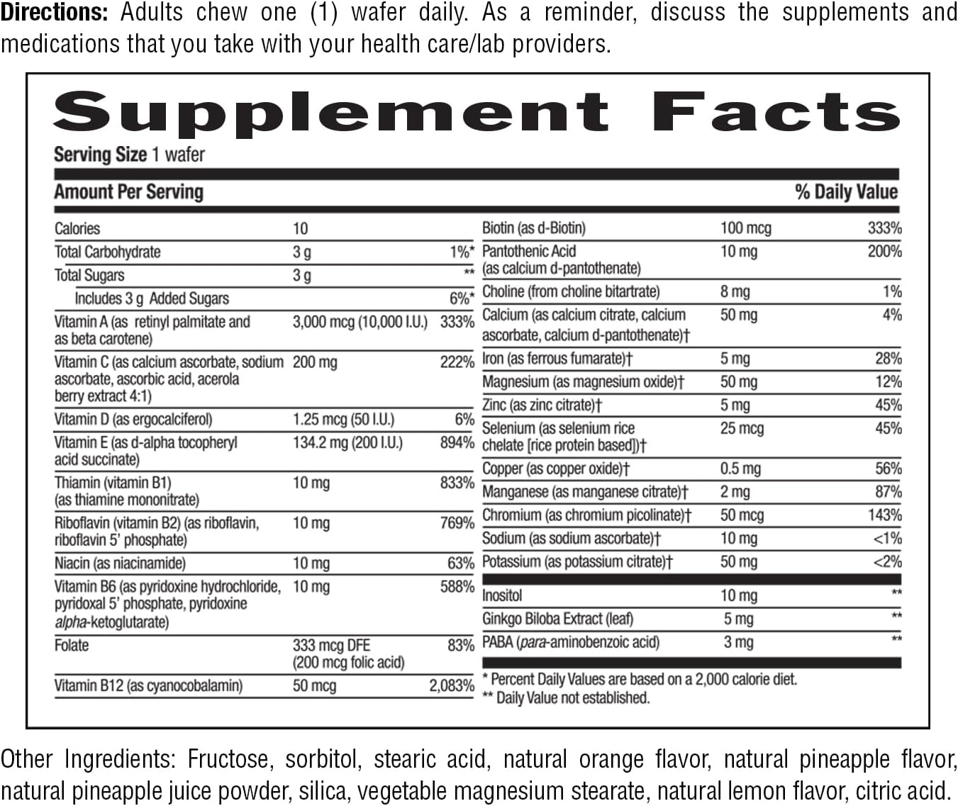 Country Life Adult Chewable Multivitamin with Coenzyme B-Vitamins, Antioxidants, Minerals, Pineapple-Orange Flavour - Gluten-Free - 60 Wafers
