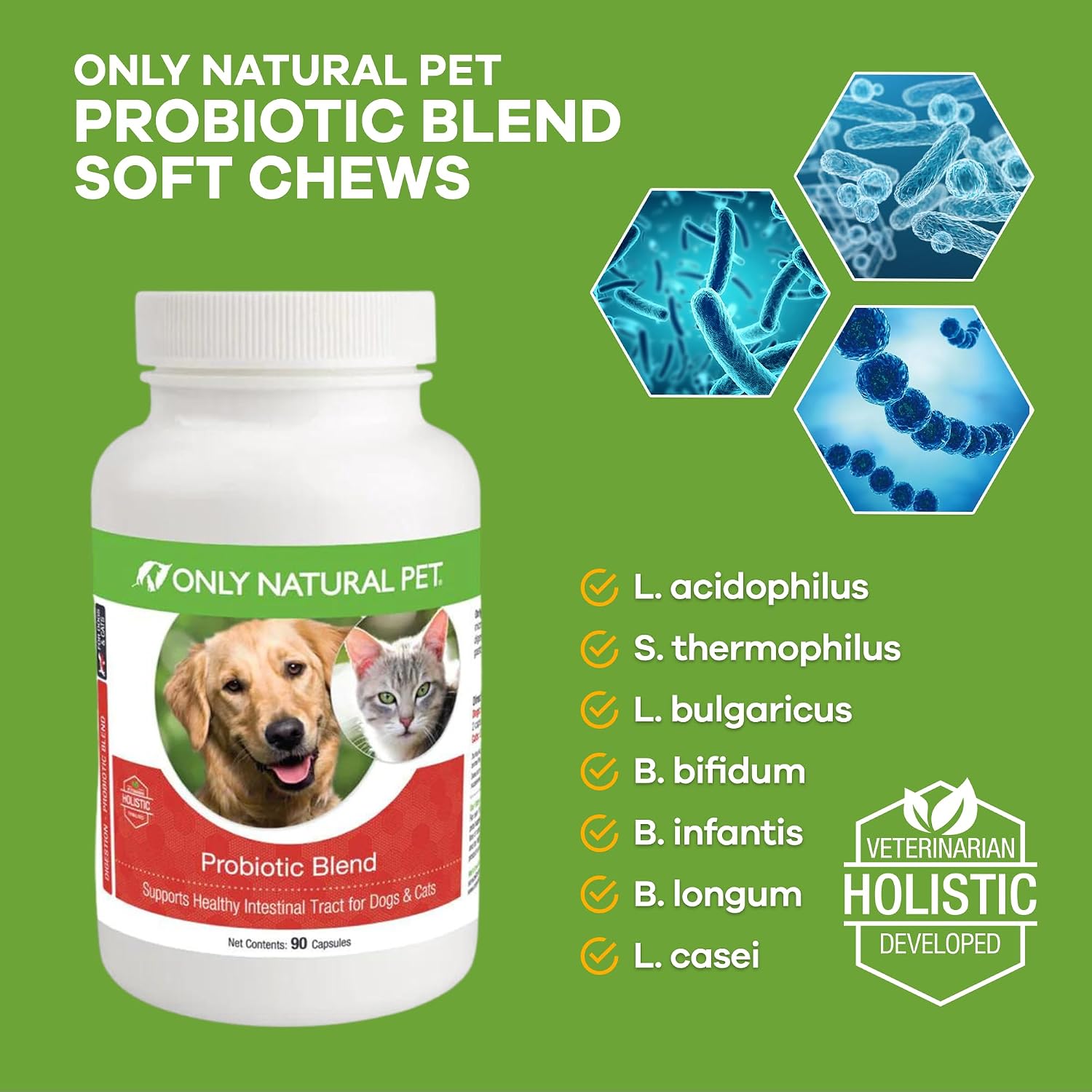 Only Natural Pet Probiotic for Dogs and Cats - Digestive and Intestinal Tract Health - 90 Capsules