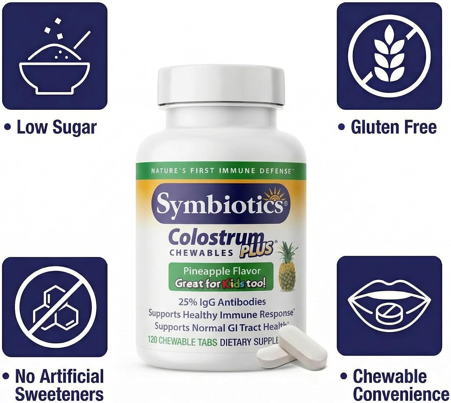 Symbiotics Colostrum Chewable Tablets – Immune and Digestive Support with Lactoferrin, 120 Count (Pineapple)