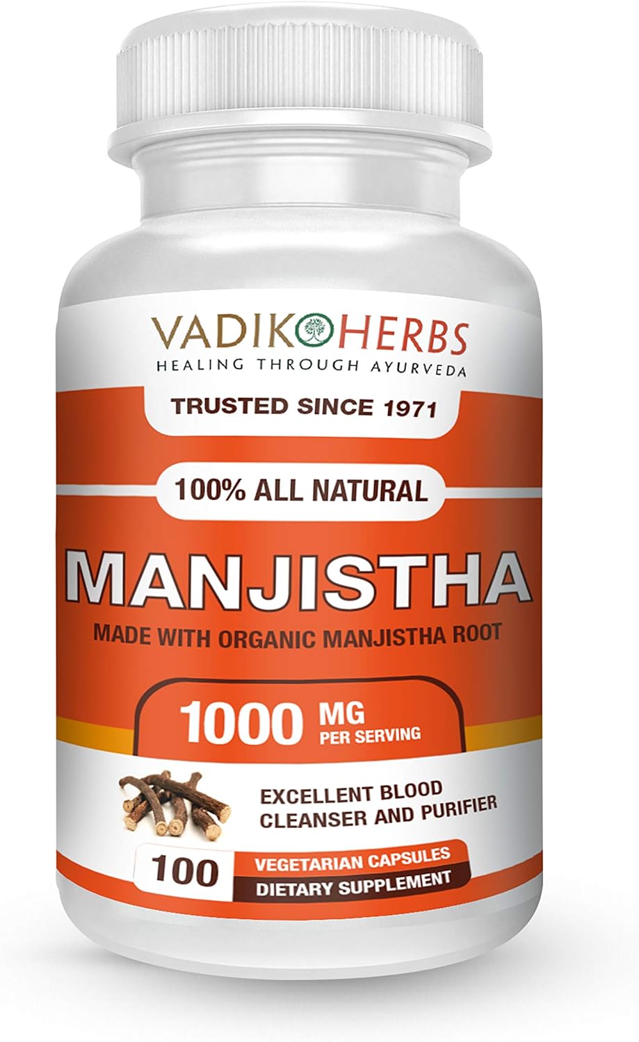 Vadik Herbs Pure Wild Harvested Manjistha (Rubia cordifolia, Indian Madder) - 100 Vegetable Capsules - Made in USA - Safety Tested - No GMO, Vegan