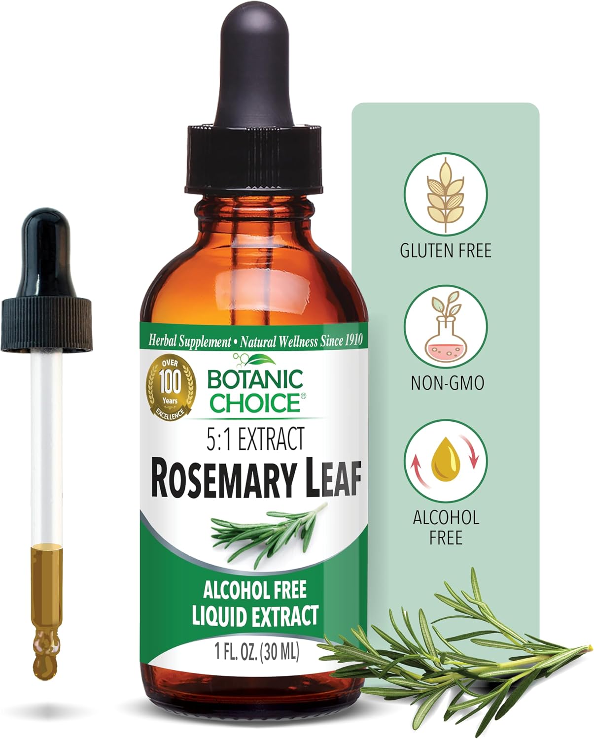 Botanic Choice Rosemary Leaf Liquid Extract – Alcohol Free, Gluten Free – Fast Acting Supplement Drops – 30 ml