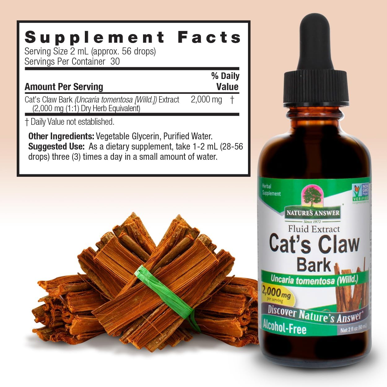 Nature's Answer Cat's Claw Bark Liquid Extract – Alcohol-Free, Vegan, Non-GMO, Gluten-Free, Kosher – 2 fl oz (59 mL)