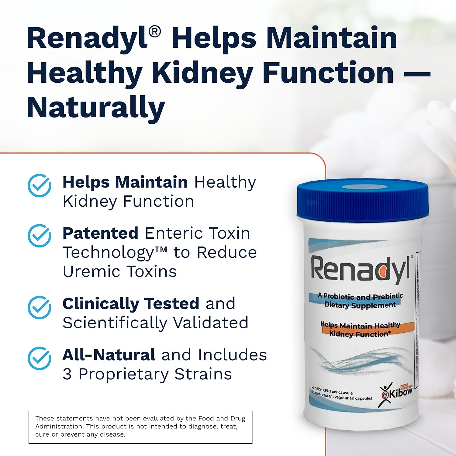 Renadyl Kidney Probiotic Supplement – 45 Billion CFUs – Supports Urea, Creatinine & Uric Acid – 60 Capsules (1 Month Supply)
