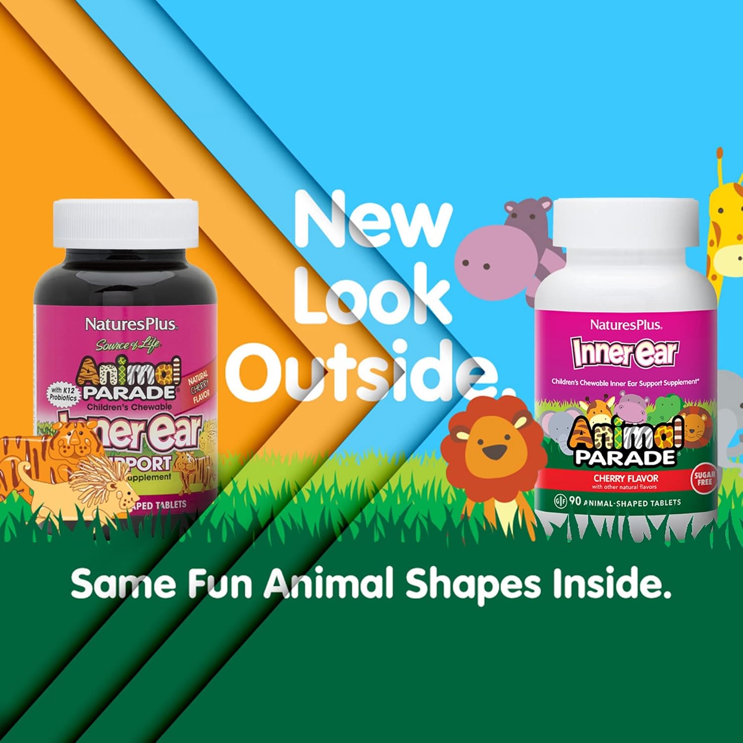 NaturesPlus Animal Parade Inner Ear Support Children’s Chewable - Natural Cherry Flavour - 90 Animal-Shaped Tablets - Probiotic Supplement - Gluten Free - 45 Servings