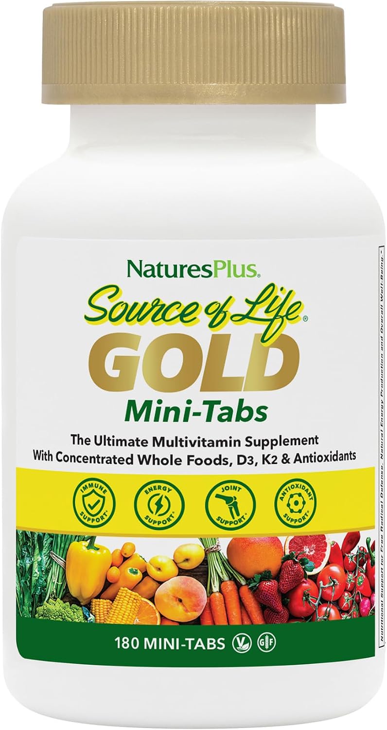 NaturesPlus Source of Life GOLD Multivitamin - 180 Mini-Tablets - With Vitamins D3, B12 & K2 - Blood, Bone & Immune Support - Vegetarian & Gluten Free