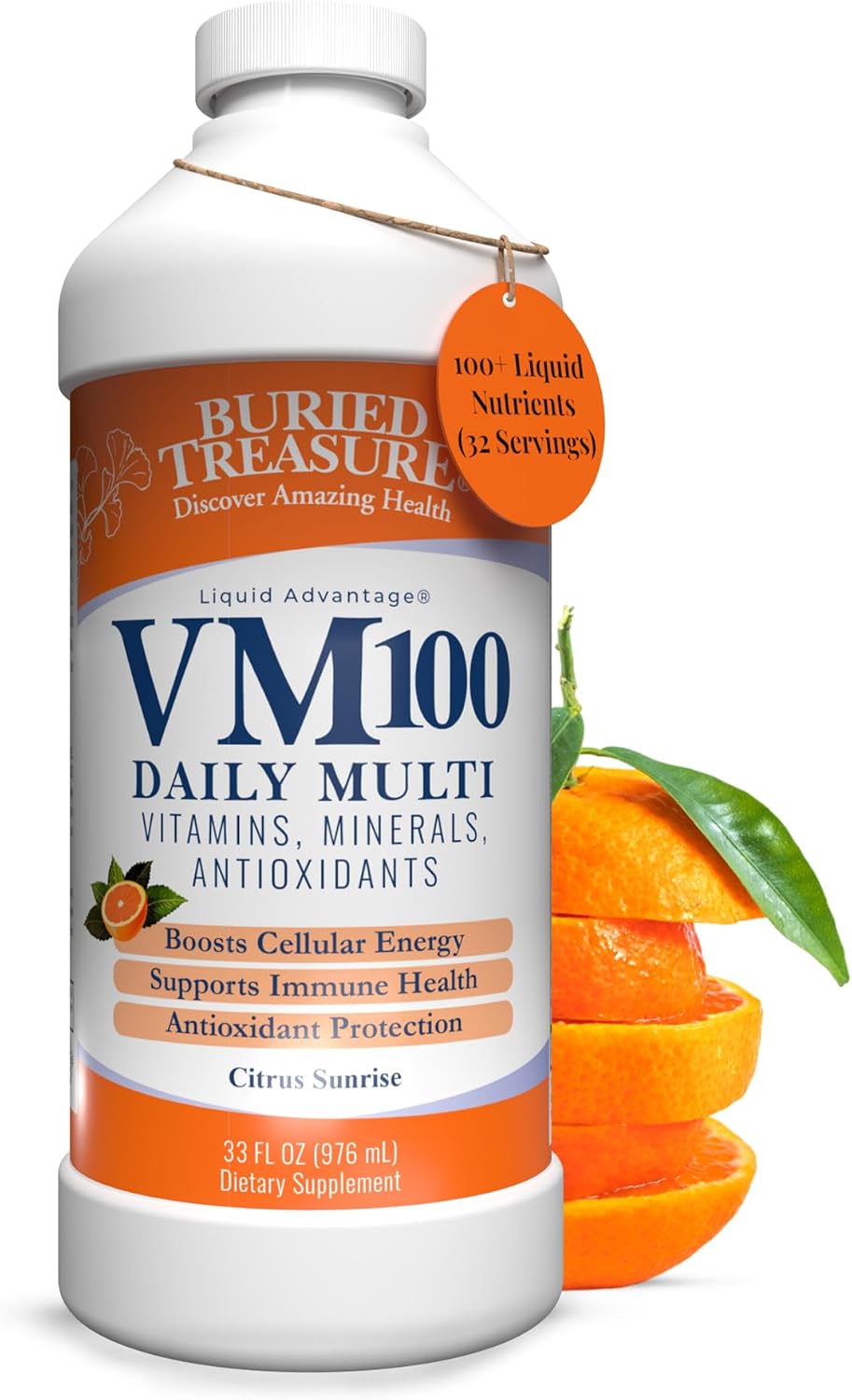Buried Treasure VM100 Daily Liquid Vitamins and Minerals with Antioxidants, Vegan, Sugar-Free, Orange Zest Flavour, 32 Servings, 32 oz