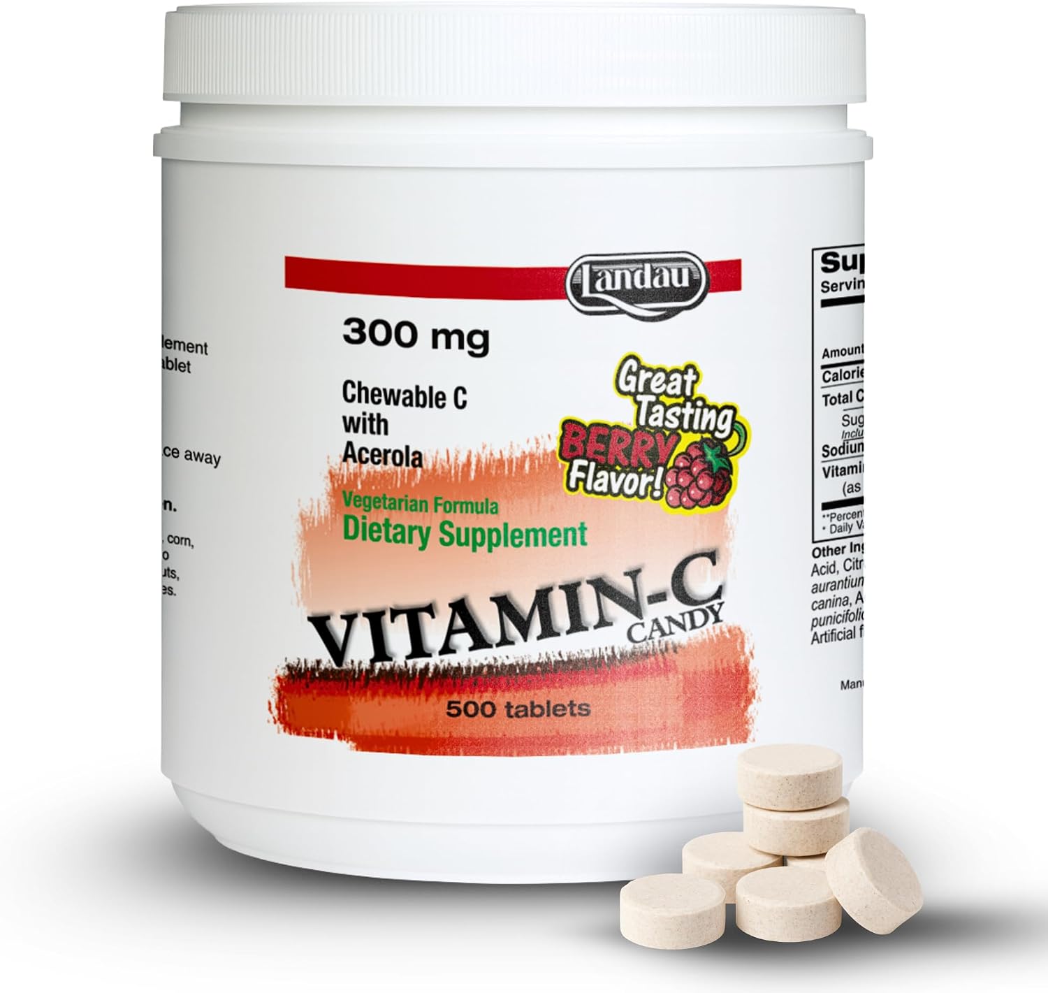 LANDAU Chewable Vitamin C with Acerola - 300 mg, 500 Berry-Flavoured Tablets