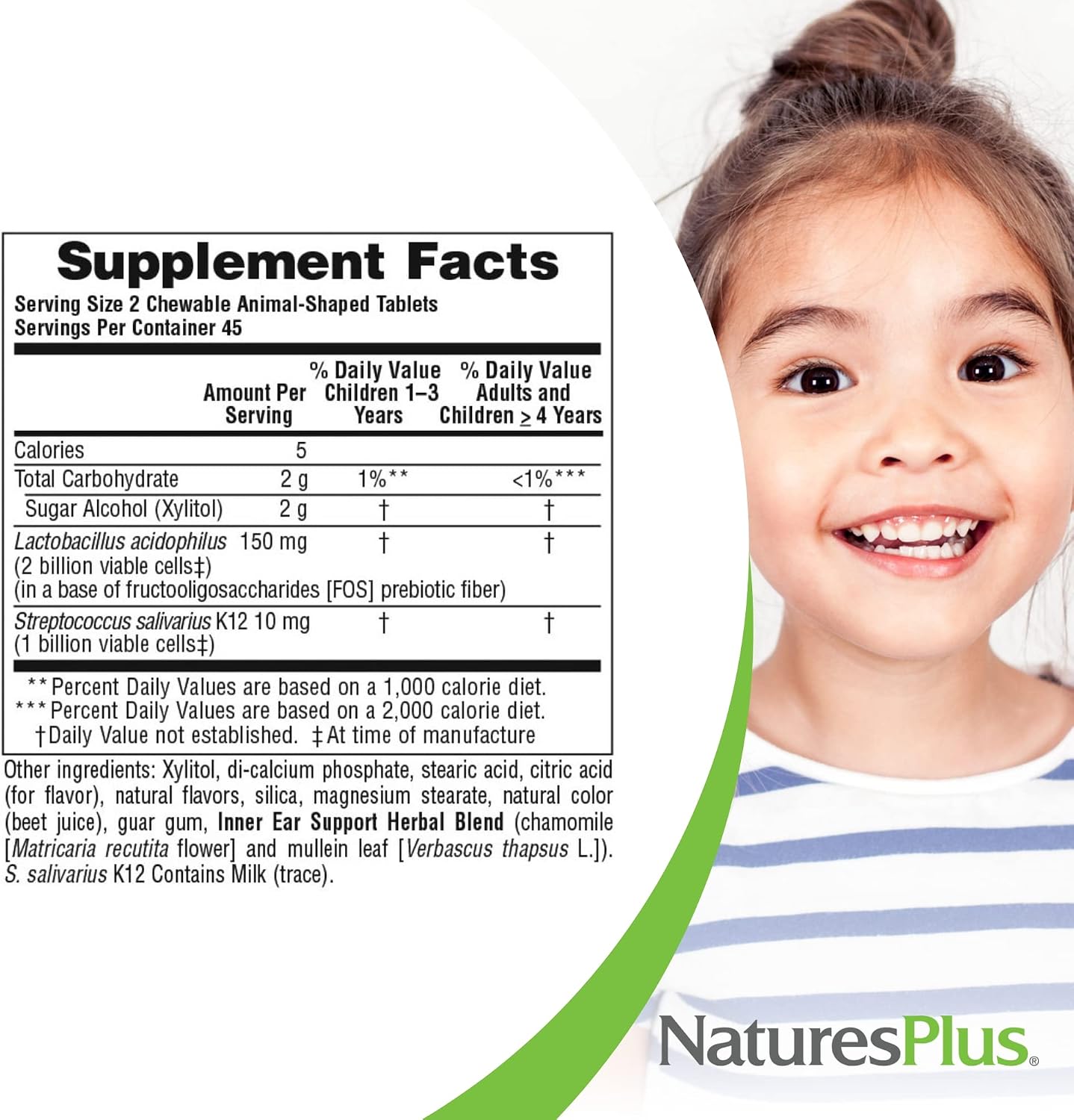 NaturesPlus Animal Parade Inner Ear Support Children’s Chewable - Natural Cherry Flavour - 90 Animal-Shaped Tablets - Probiotic Supplement - Gluten Free - 45 Servings