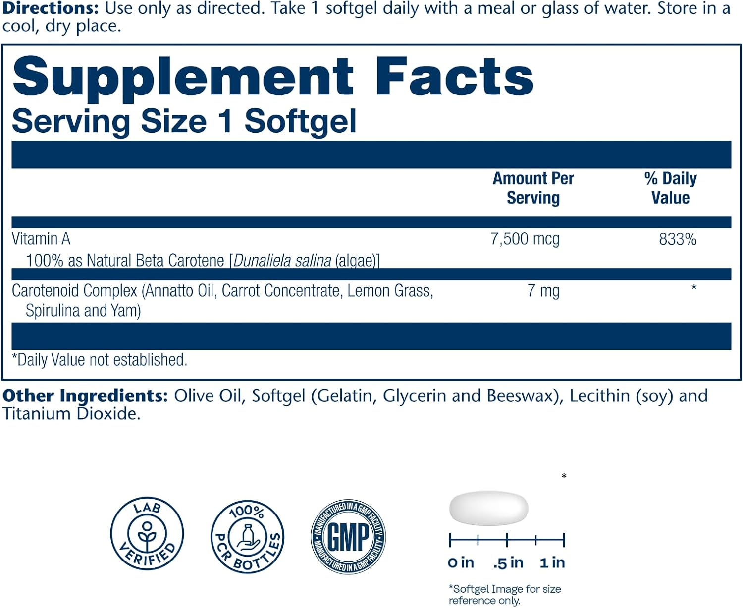 SOLARAY Food Carotene - Vitamine A sous forme de bêta-carotène 25 000 UI, 100 gélules molles