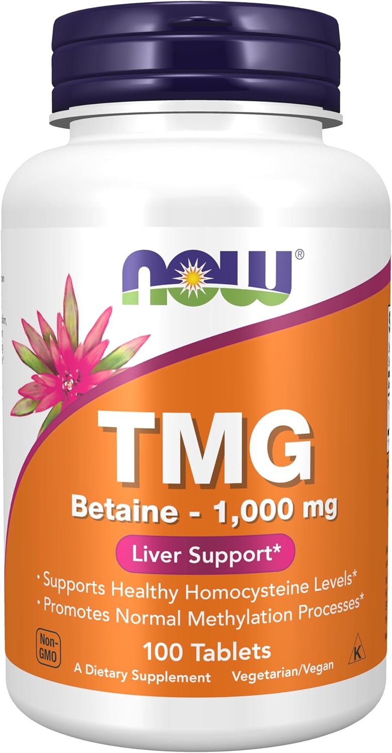NOW Foods TMG Betaine (Trimethylglycine) 1,000 mg, Liver Support, 100 Tablets