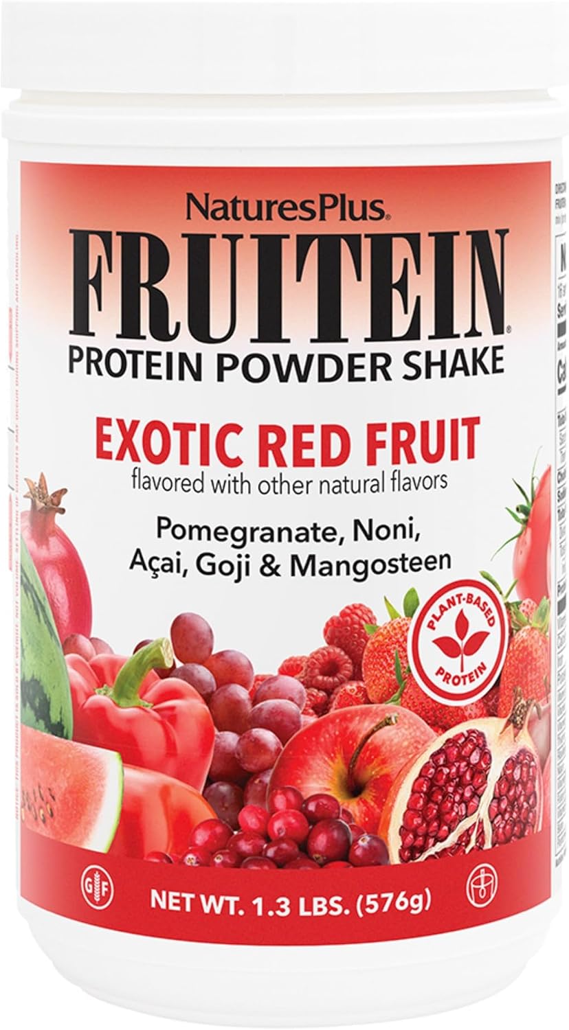 NaturesPlus FRUITEIN Exotic Red Fruit Shake - Plant-Based Protein & Multivitamin Powder, 590 g