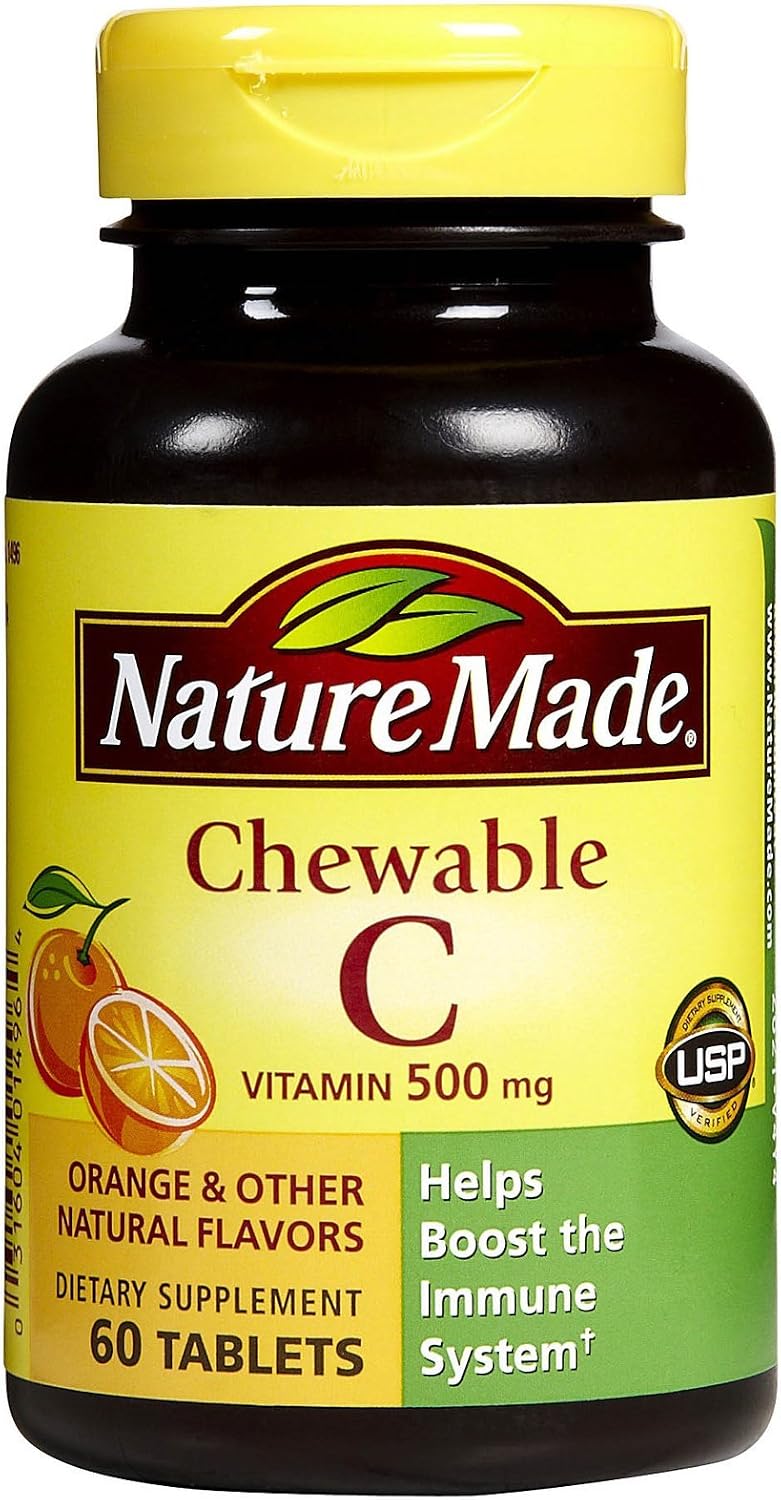 Nature Made Vitamin C 500 mg Chewable Tablets, Orange Flavour – Pack of 4 (240 Tablets)