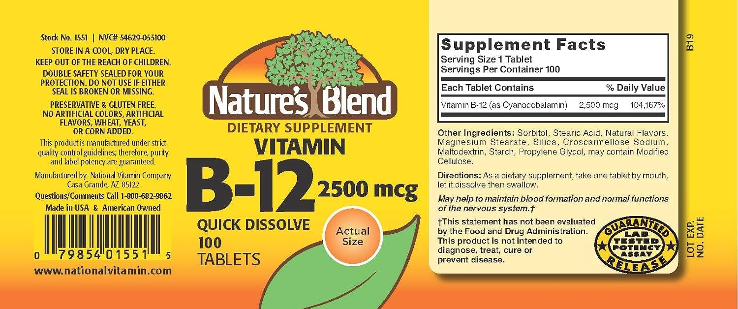 Nature's Blend Vitamin B12 2500mcg Tablets, 100 Count