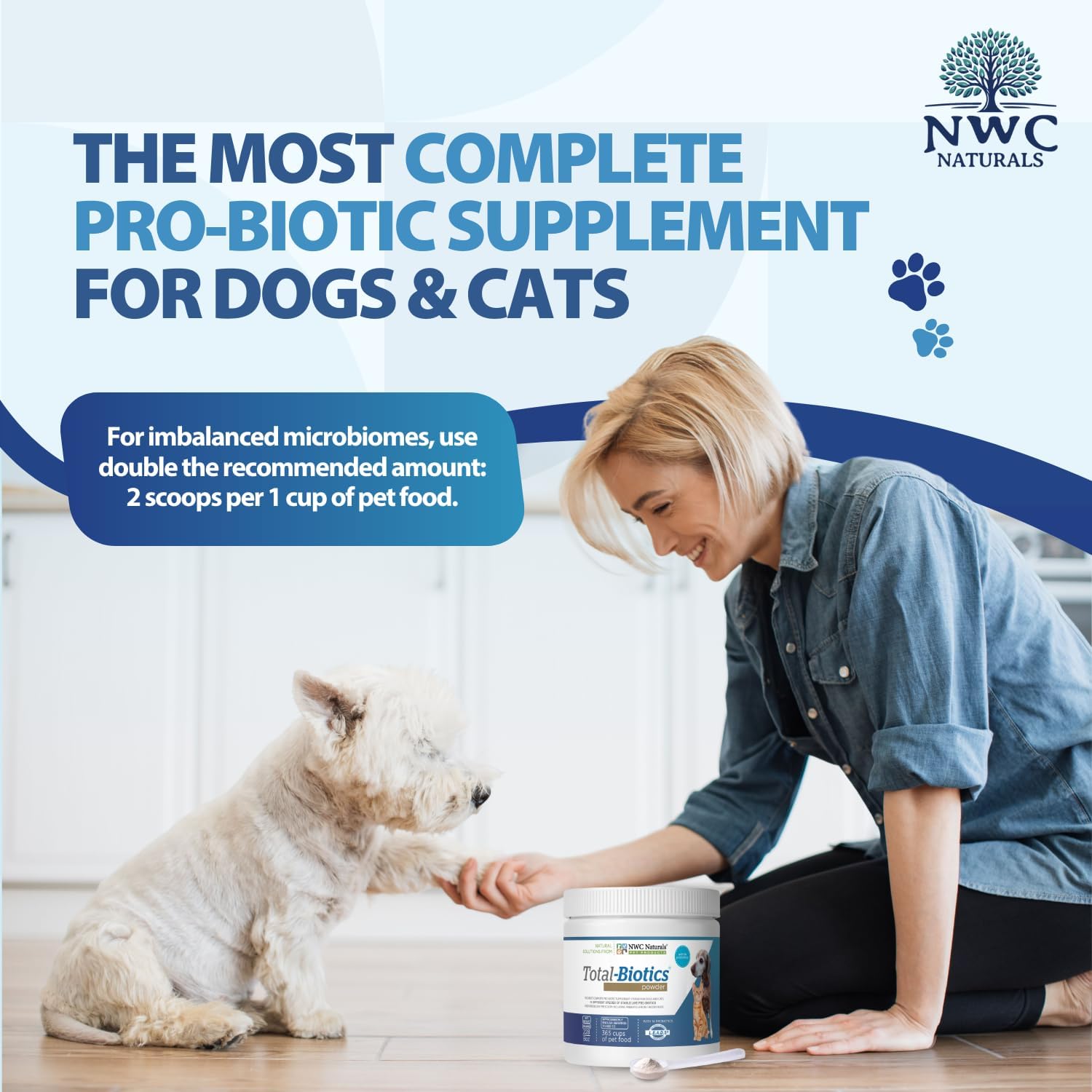 NWC Naturals Total-Biotics Probiotic for Dogs and Cats – Unflavoured Powder, 227 g (365 Servings)
