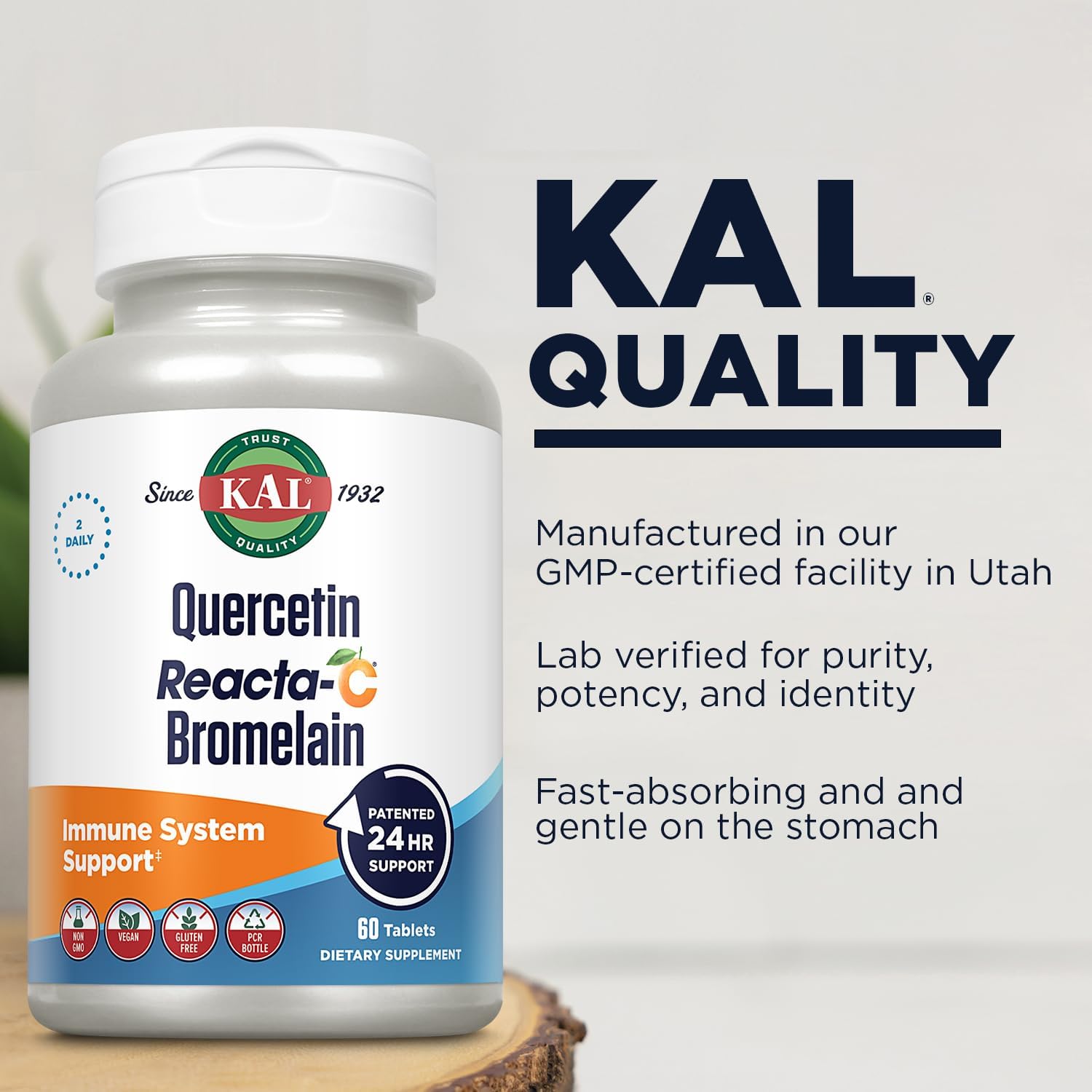 KAL Quercetin with Bromelain - Bromelain Quercetin Supplement for Men and Women, Complex with Vitamin C, Nettle, & Chamomile, Immune Health Support, Vegan, Non-GMO, Gluten Free - 60 Tablets