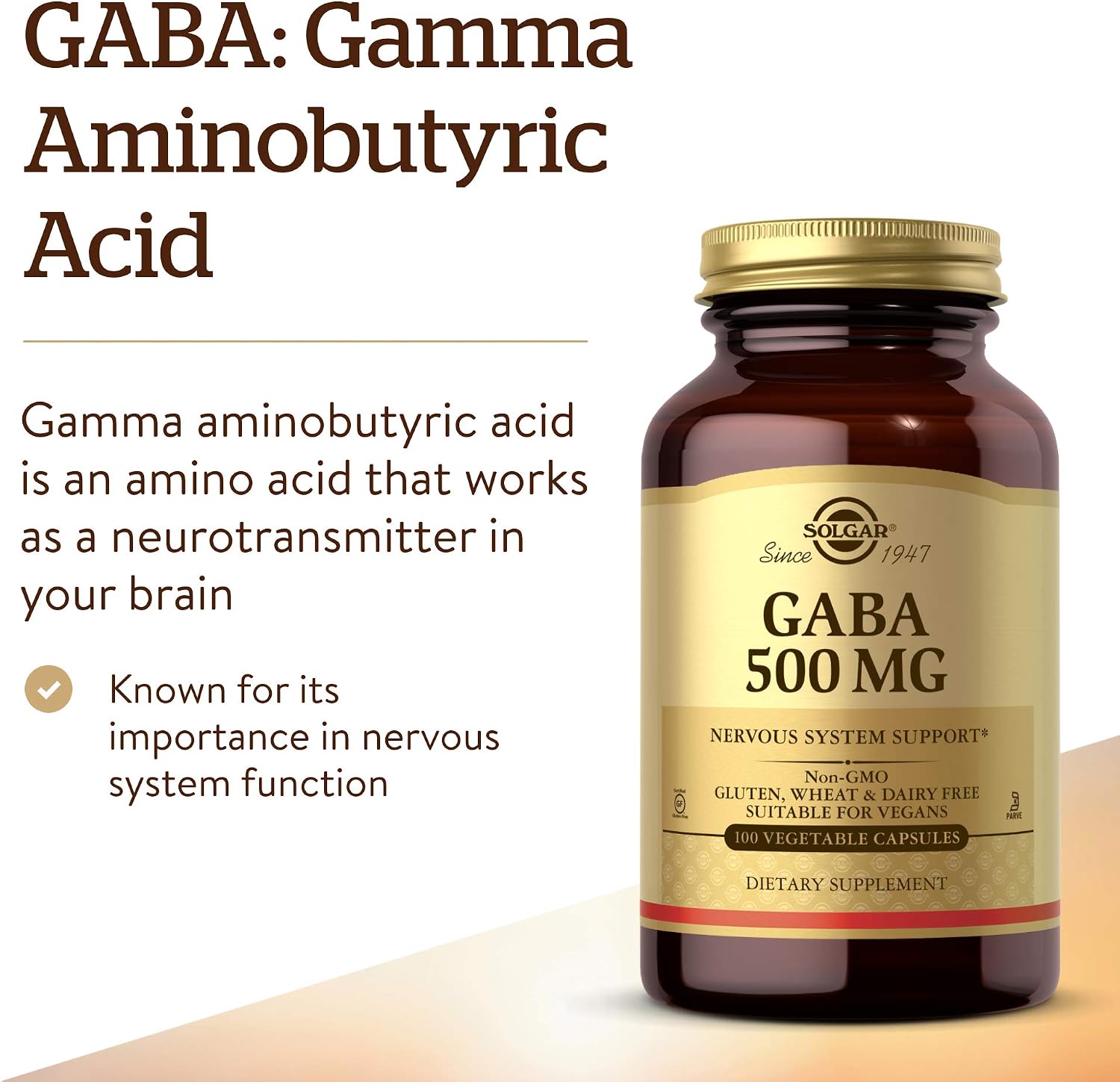 Solgar GABA 500 mg, 100 Vegetable Capsules – Nervous System Health & Relaxation