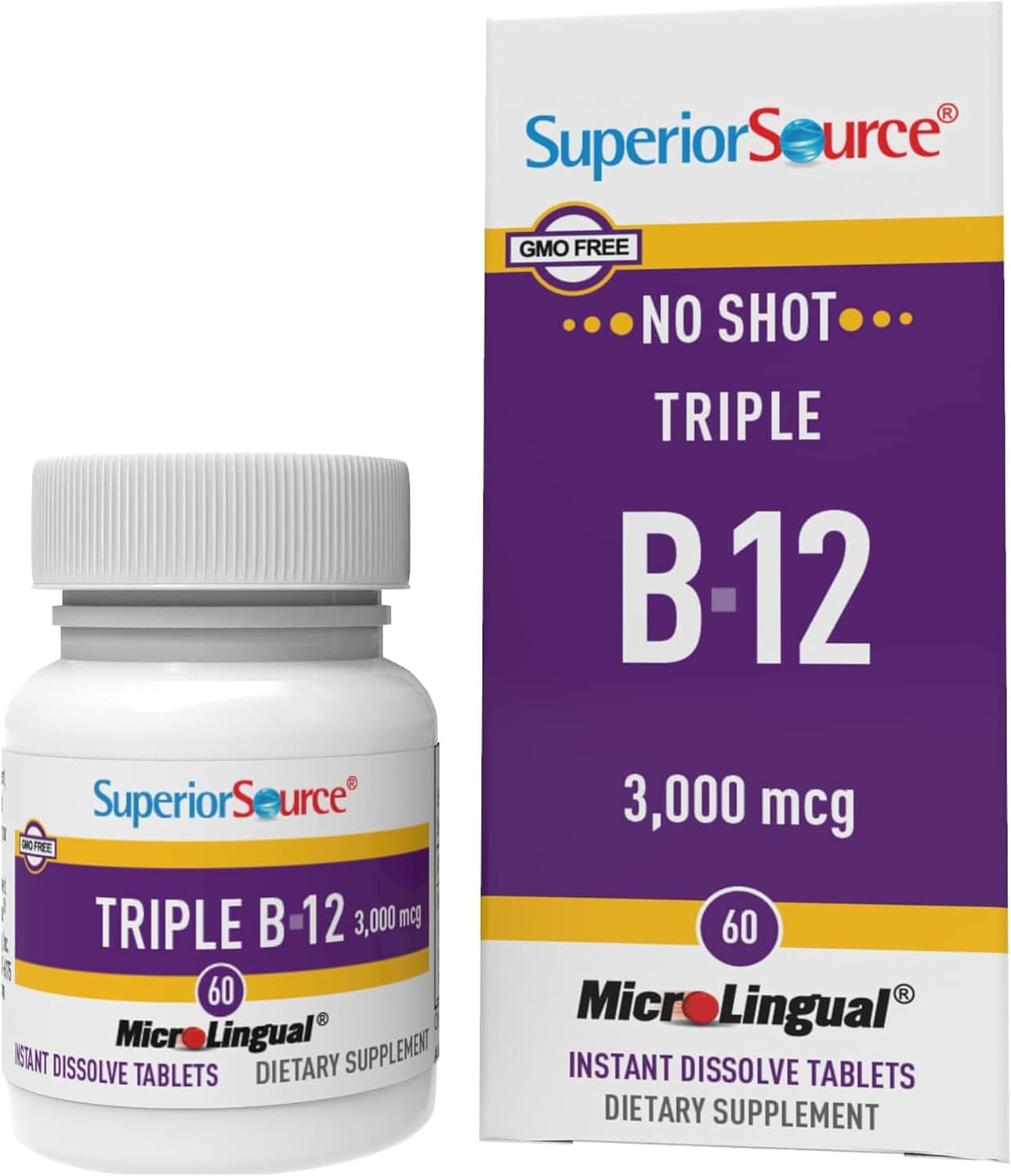 Superior Source NO Shot Triple B-12 3,000 mcg – Energy and Cardiovascular Support with Methylcobalamin – 60 Instant Dissolve Sublingual Tablets