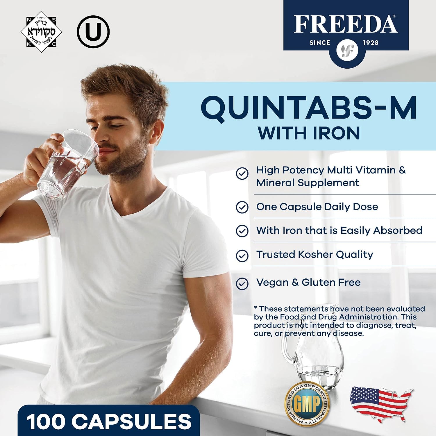 FREEDA Multivitamin – Quintabs-M with Iron – Kosher Multivitamins for Women & Iron-Deficient Men – 250 Capsules