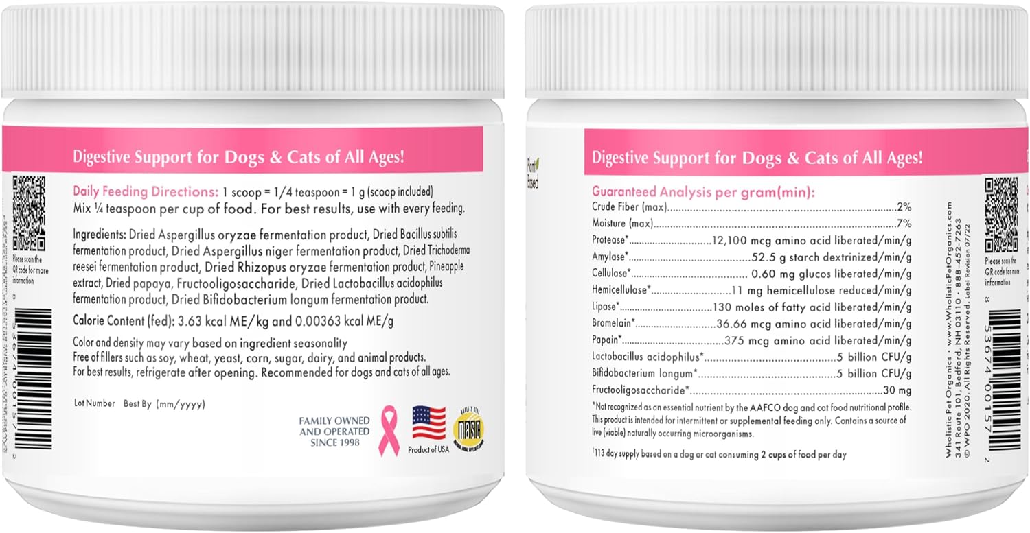 Wholistic Pet Organics Daily Probiotics for Dogs & Cats – Digestive Health Support with Prebiotics & Enzymes – 113 g Powder