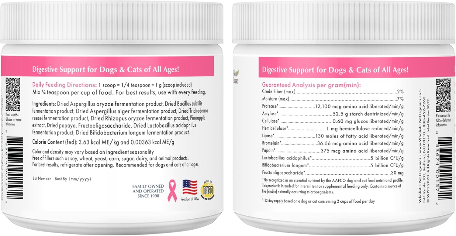 Wholistic Pet Organics Daily Probiotic for Dogs & Cats - Digestive Enzymes & Prebiotic Fiber - 227 g Powder