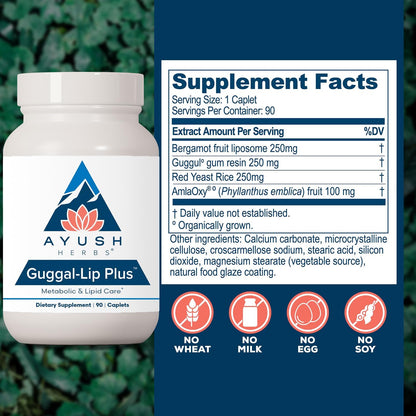Ayush Herbs Guggal-Lip Plus - Metabolic Support Supplement with Guggul, Amla, and Bergamot - 90 Tablets