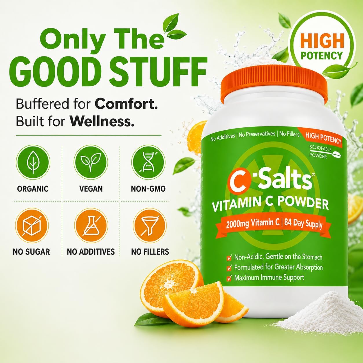 C-Salts Buffered Vitamin C Powder - Organic, Stomach Friendly, 4000 mg (84 Servings)