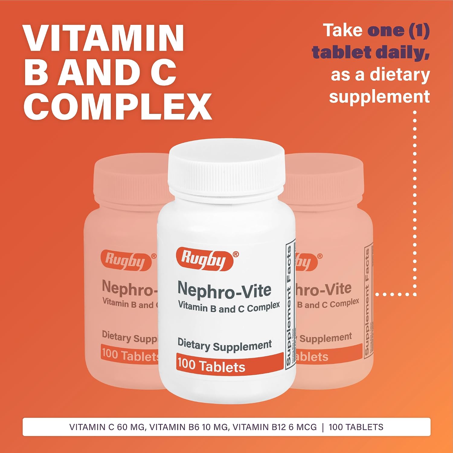 Rugby Nephro-Vite Vitamin B and C Complex Tablets, 100 Tablets