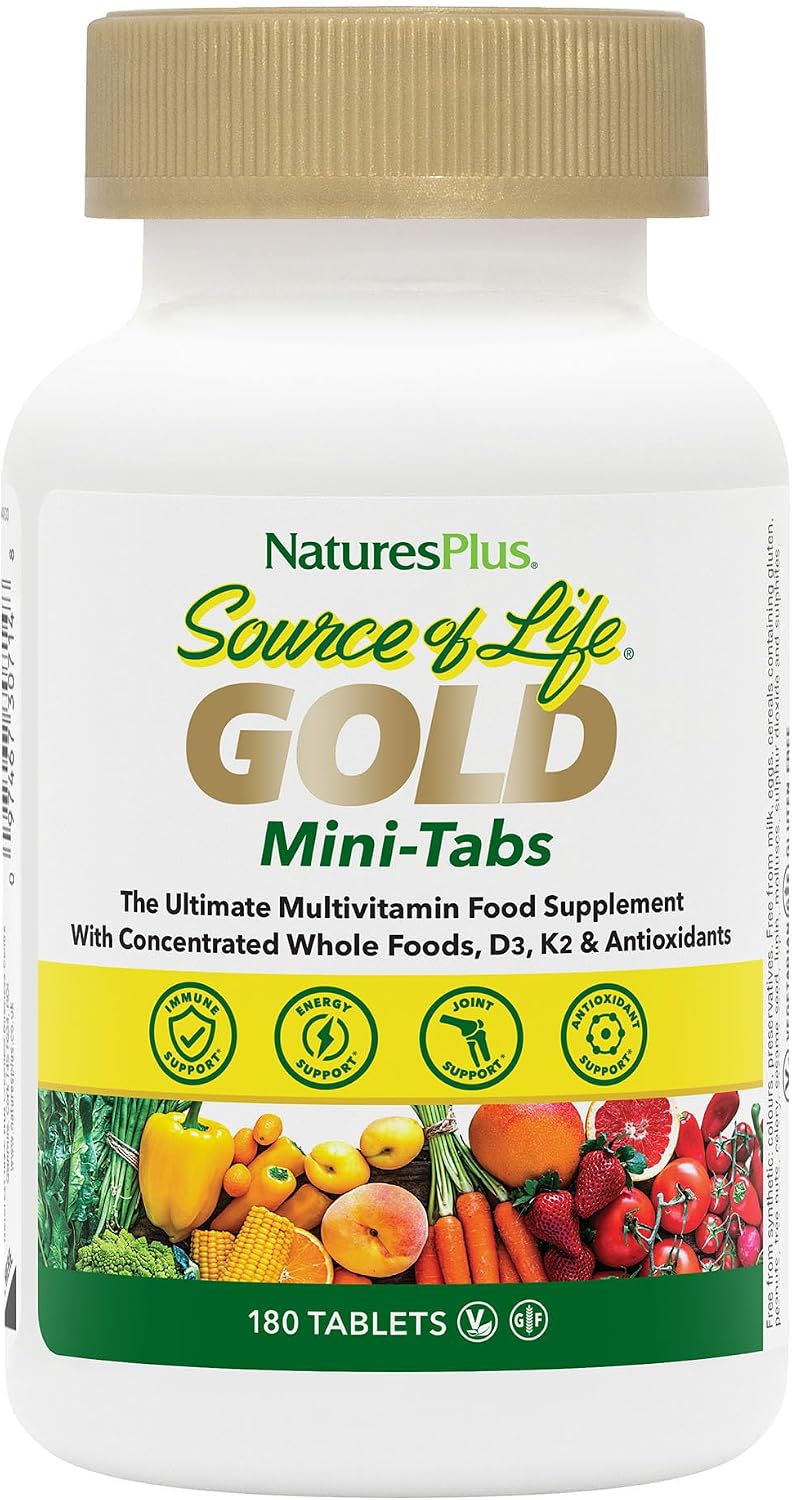NaturesPlus Source of Life GOLD Multivitamin - 180 Mini-Tablets - With Vitamins D3, B12 & K2 - Blood, Bone & Immune Support - Vegetarian & Gluten Free