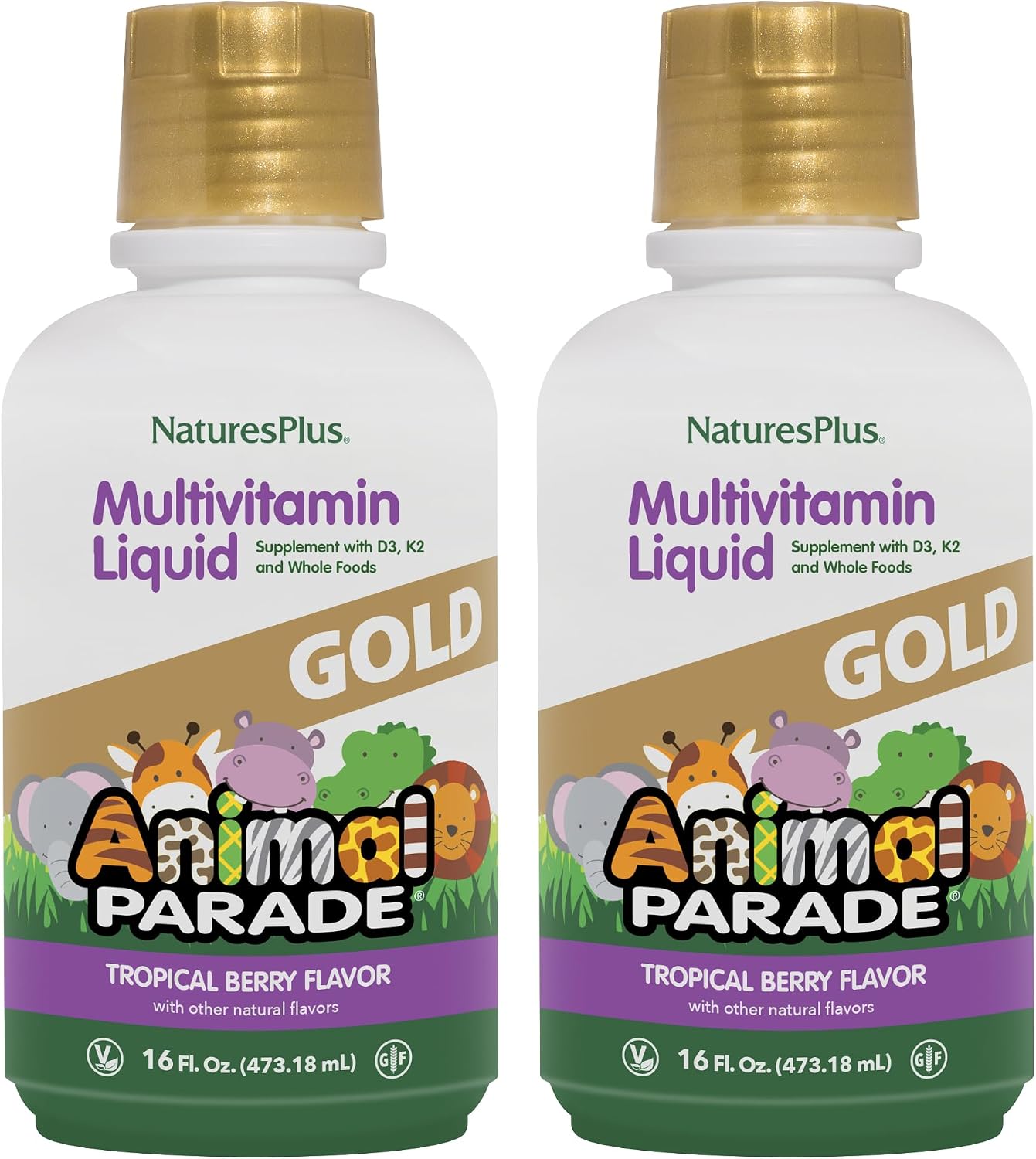 NaturesPlus Animal Parade Gold Children's Liquid Multivitamin – Natural Tropical Berry Flavour – 473 mL