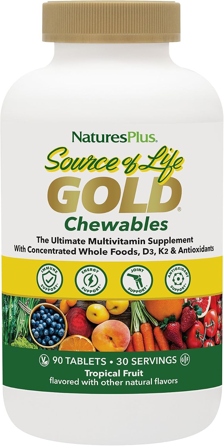 NaturesPlus Source of Life GOLD Chewables - 90 Vegetarian Tablets - Tropical Fruit Flavour - Whole Food Multivitamin Supplement - Gluten Free - 30 Servings