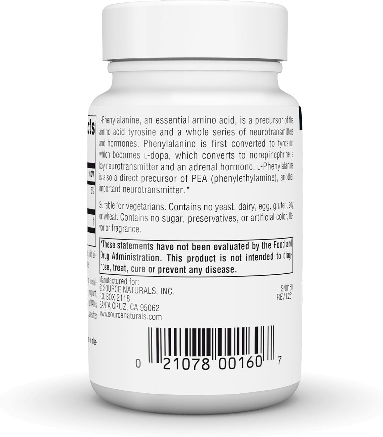 Source Naturals L-Phenylalanine, Free Form Essential Amino Acid - 500 mg - 50 Vegan Tablets