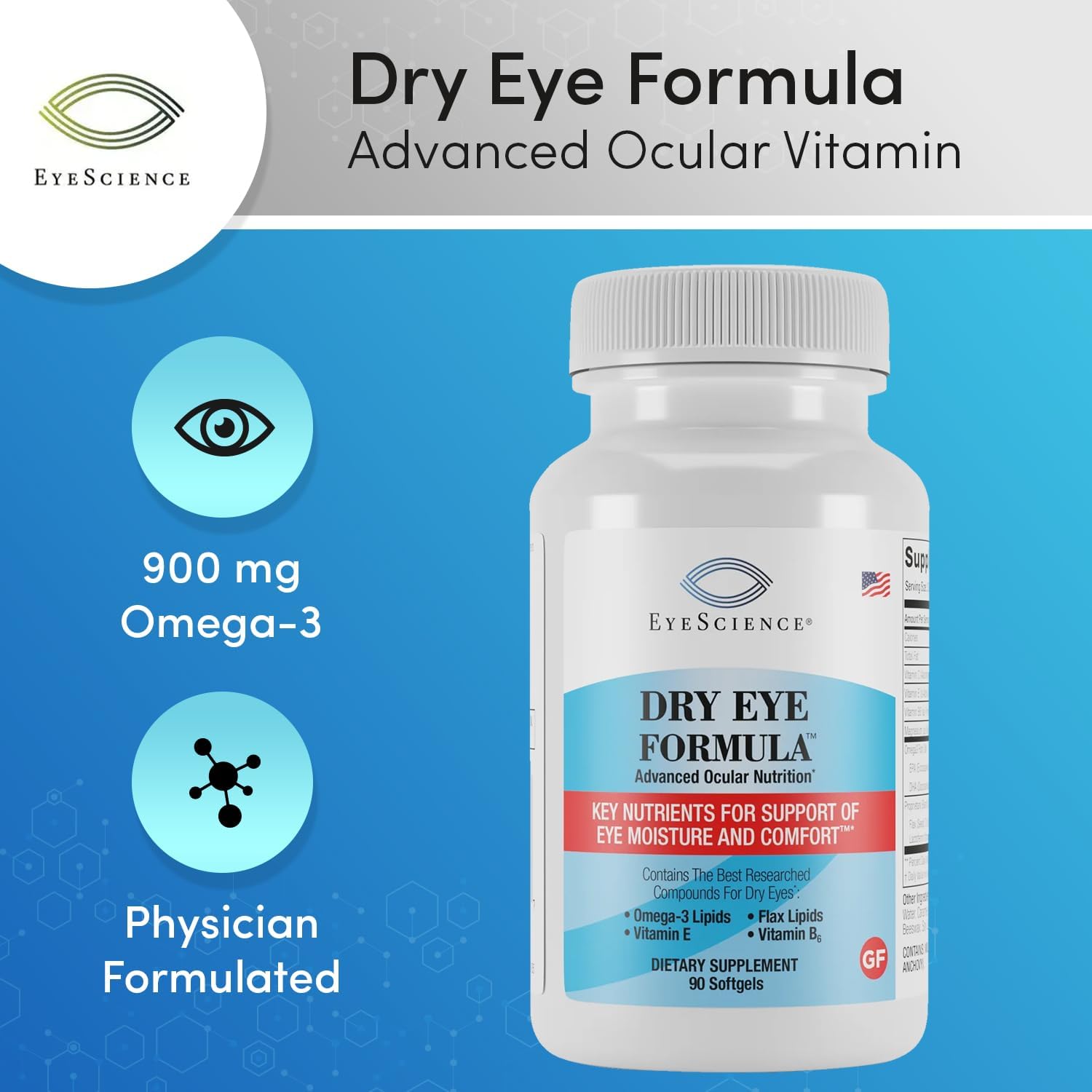 EyeScience Dry Eye Formula – 900 mg Omega-3 Supplement for Dry Eyes with EPA DHA & Antioxidant Vitamins C and E, 90 Softgels
