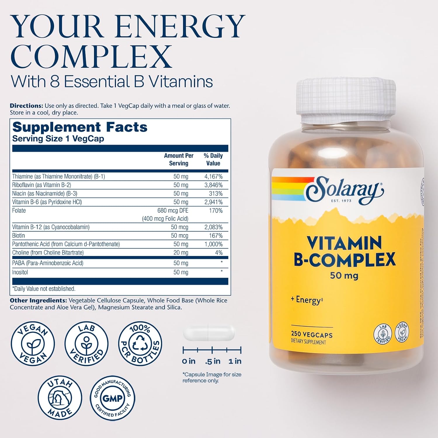 SOLARAY Vitamin B Complex 50 mg - Energy Metabolism & Nervous System Support - Vegan, 250 VegCaps