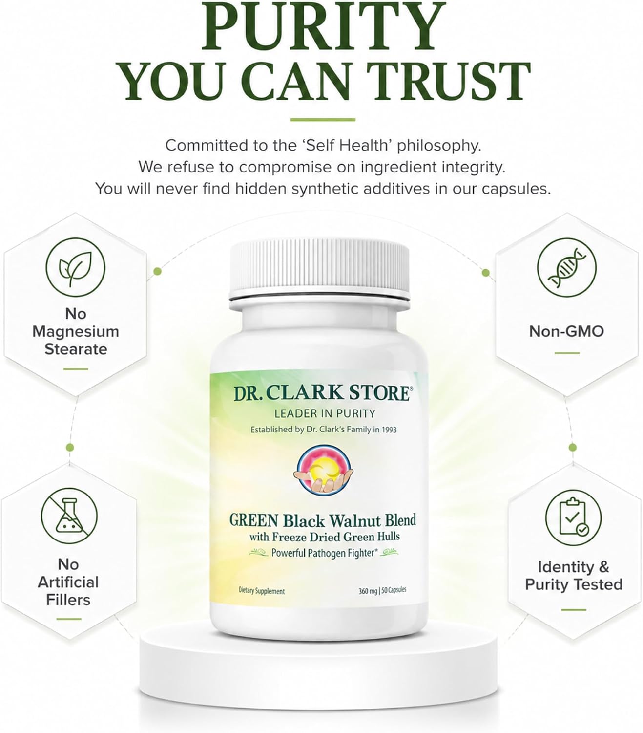 Dr Clark Store Green Black Walnut Blend – Freeze-Dried Hull with Peppermint, 360 mg, 50 Gelatin Capsules
