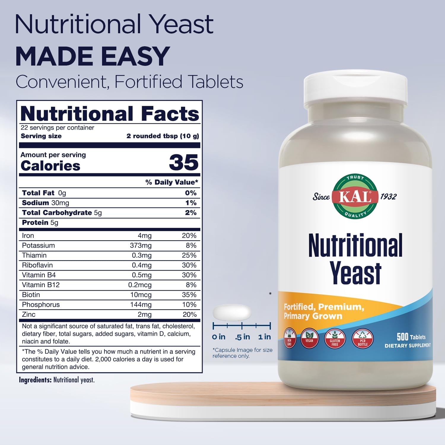 KAL Nutritional Yeast Supplement – Fortified with B Vitamins, Biotin, Folic Acid and Amino Acids – 500 Tablets