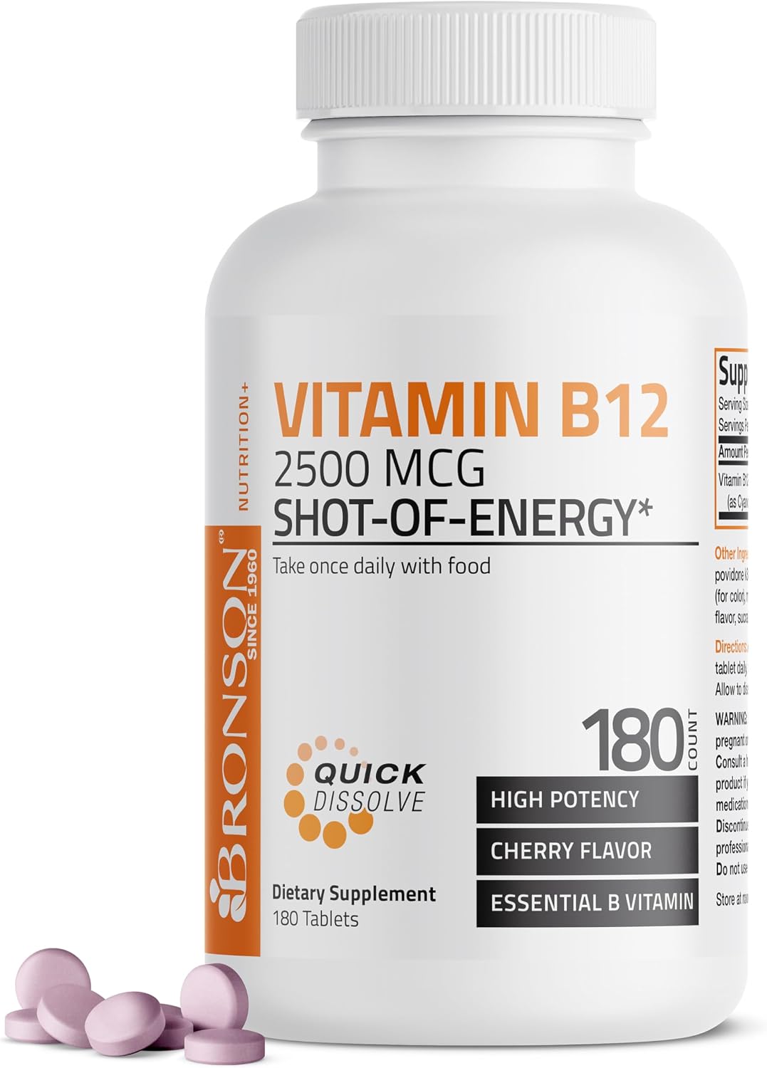 Bronson Vitamin B12 2500mcg Fast Dissolve Sublingual Tablets, Cherry Flavour, 90 Count