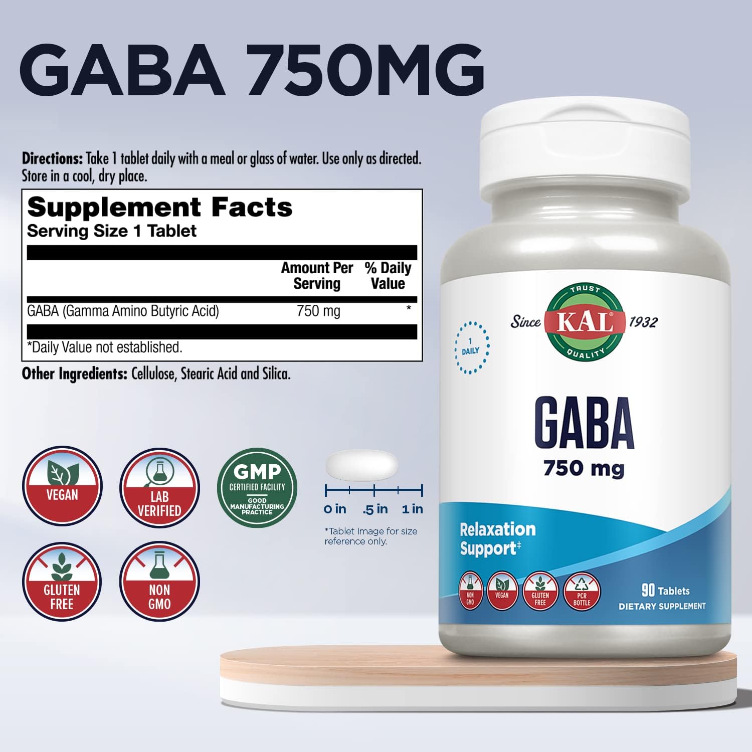 KAL GABA Supplement for Relaxation and Stress Relief - 90 Tablets