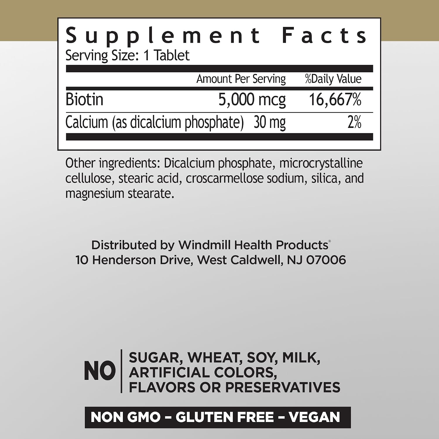 Windmill Natural Vitamins Biotin 5000 mcg, Supports Healthy Hair, Skin and Nails, 60 Count