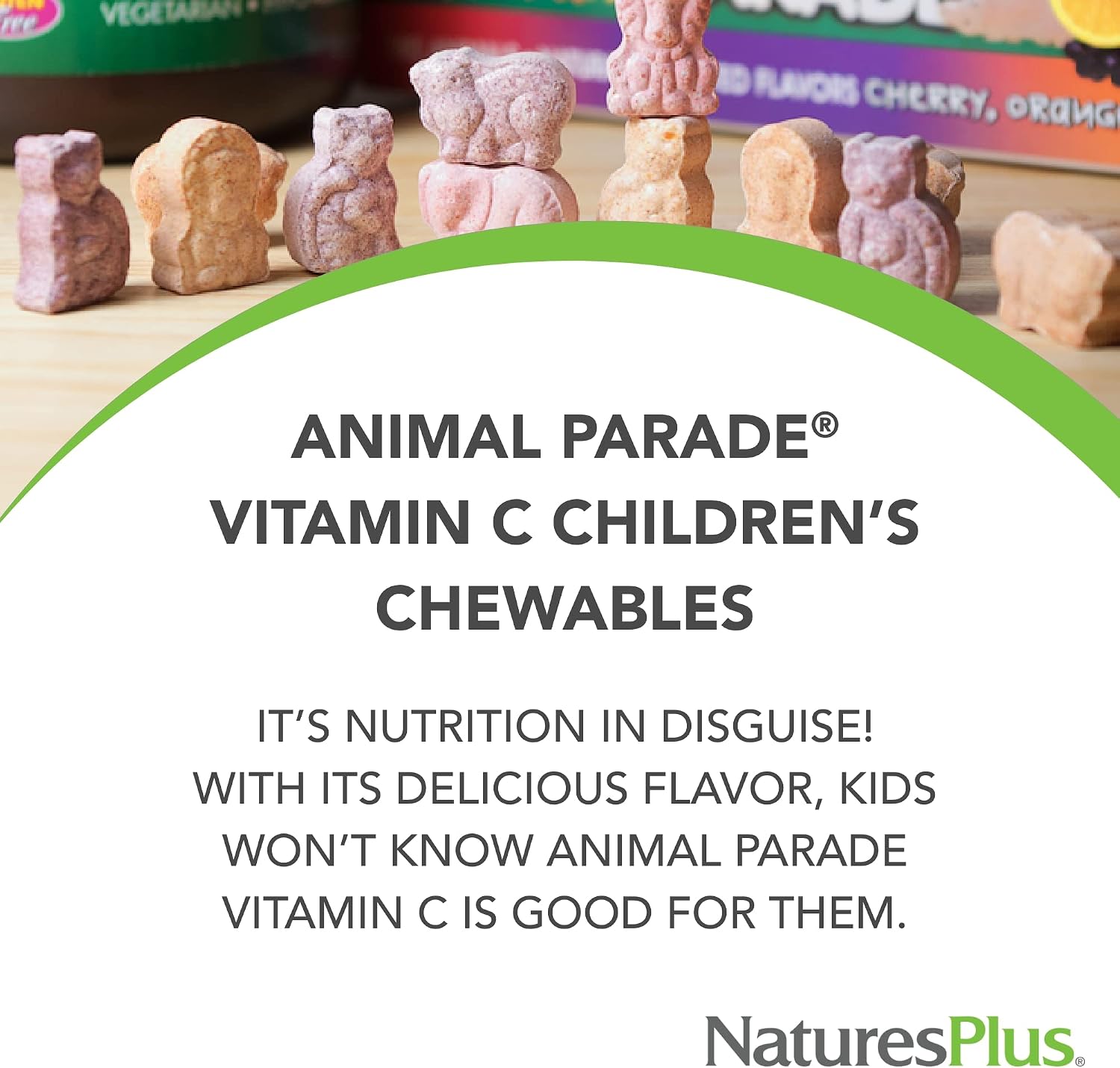 NaturesPlus Animal Parade Vitamin C Children's Chewable – Natural Orange Juice Flavour – 90 Animal-Shaped Tablets