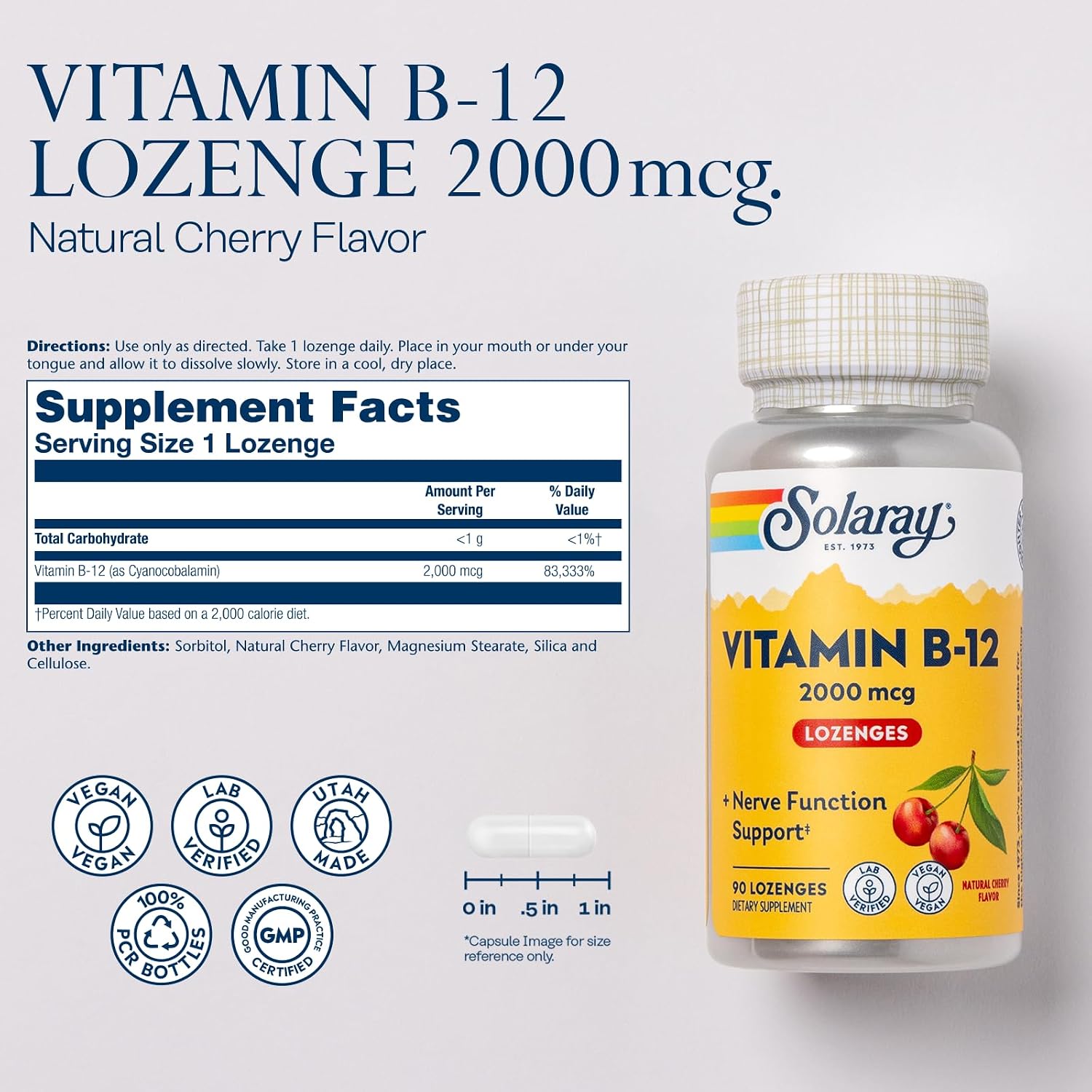 SOLARAY Vitamin B12 2000 mcg Lozenges - Vegan, No Sugar, Natural Cherry Flavour