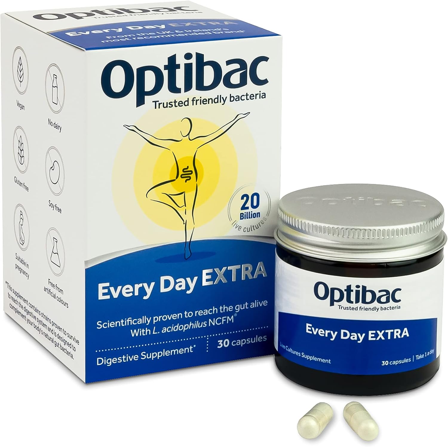 OptiBac Probiotics Every Day Extra 30 Capsules | High-Strength Digestive Probiotics with 20 Billion CFU | Vegan Supplement with Lactobacillus Acidophilus NCFM | for Everyday Digestive Health